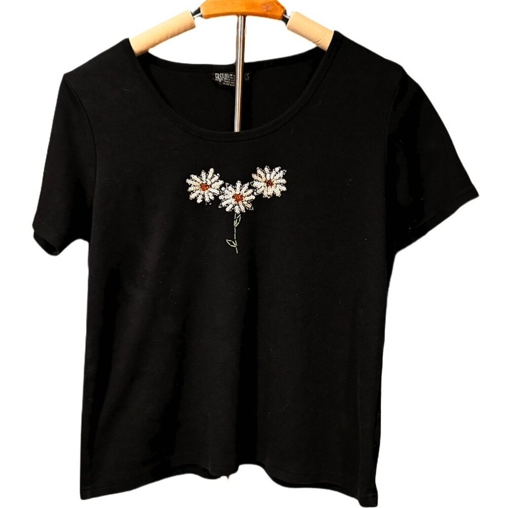 Fashion Classics Beaded Floral Top Sequin Black T-shirt Breathable Tee Summer